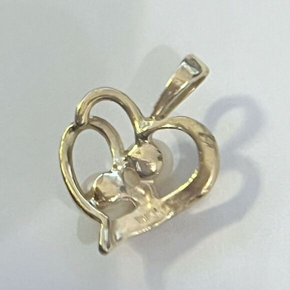 Vintage 14K Yellow Gold Double Pearl & Diamond Heart Shape Pendant - Picture 4 of 7